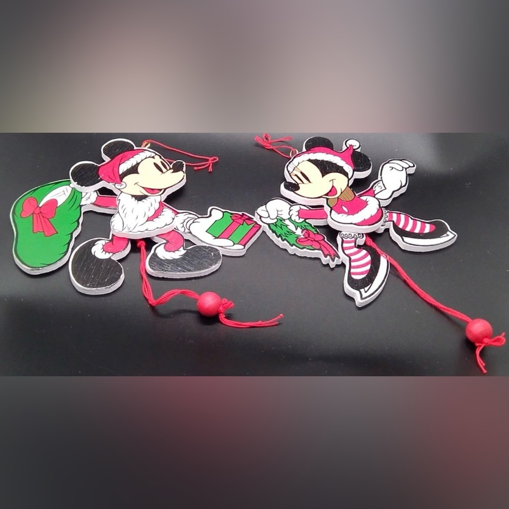 Ornaments Walt Disney Mickey Minnie Mouse Wooden Pull String Christmas Vintage